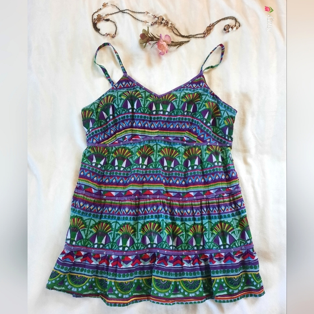 GINGER Patterned Sleeveless Top Shirred Back, Adjustable Straps